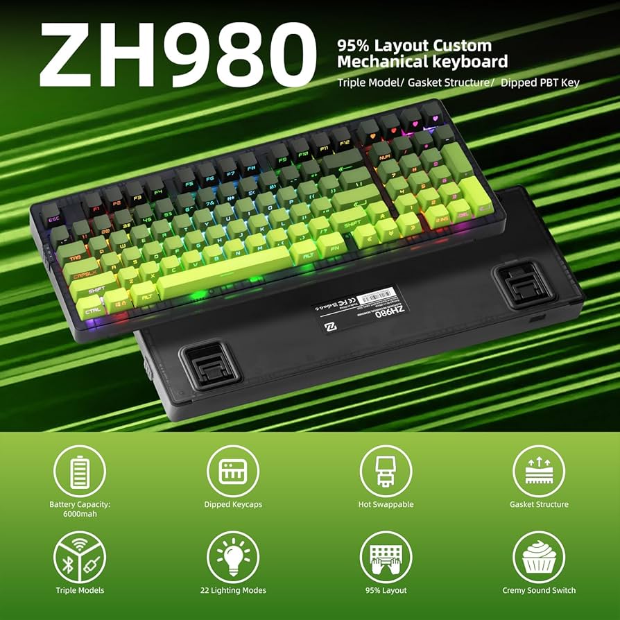 Amazon.com: ZORNHER ZH980 Mechanical Keyboard Wireless,95% Green